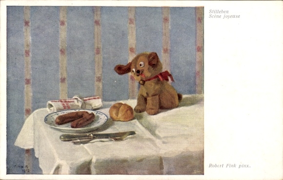 Artist Postcard Fink, Robert, still life, sausages, rolls, stuffed dog