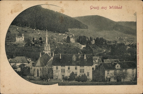 Postcard Bad Wildbad in the Black Forest, view of church, houses, forest, greetings from Wildbad