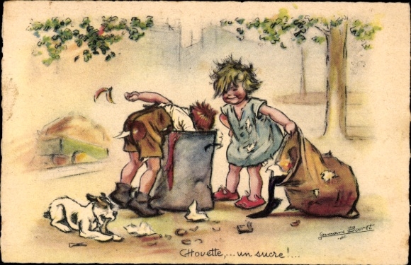 Artist Postcard Bouret, Germaine, Chouette, un sucre, children at a garbage can
