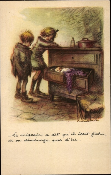 Artist PC Poulbot, Franciscque, children, baby sleeping in a drawer