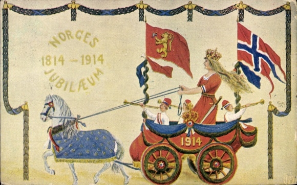 Artist Postcard Norway, Jubilee 1814-1914, floats, flags