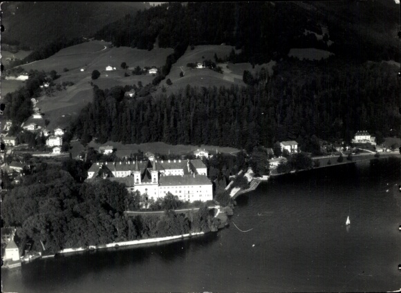 Postcard Tegernsee in Upper Bavaria, view of the former monastery with a view of the lake and the Alps.