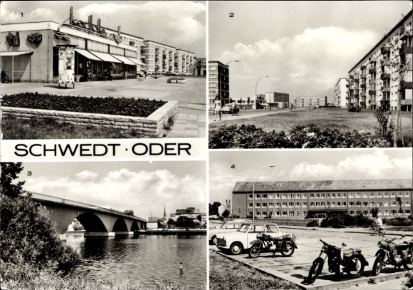 Postcard Schwedt an der Oder, Marchlewskiring shopping center, Oder bridge