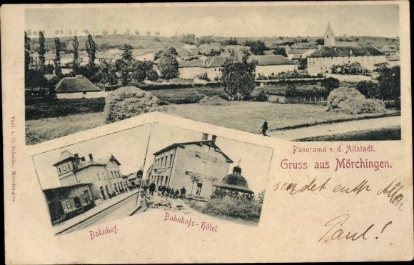 Ak Morhange Mörchingen Lothringen Moselle, Altstadt Panorama, Bahnhof, Bahnhofshotel
