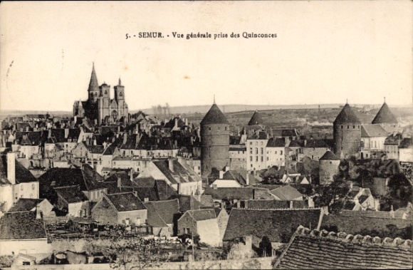 KP Semur en Auxois Côte-d'Or, widok na miasto, kościół, wieże, dachy