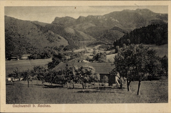 Postcard Aschau im Chiemgau Upper Bavaria, Geigelstein, Priener Hütte, view of Gschwendt near Aschau i...