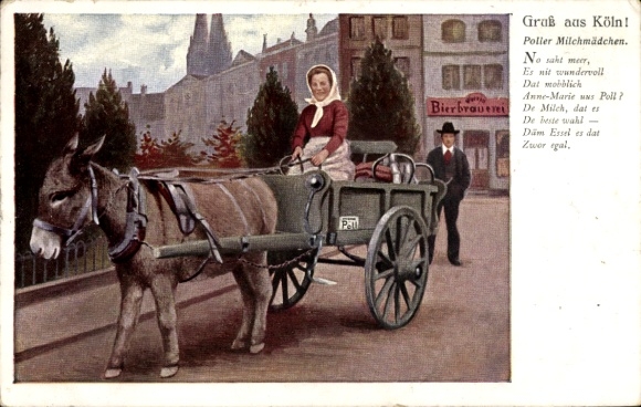 PC Cologne on the Rhine, bollard milkmaid, donkey cart