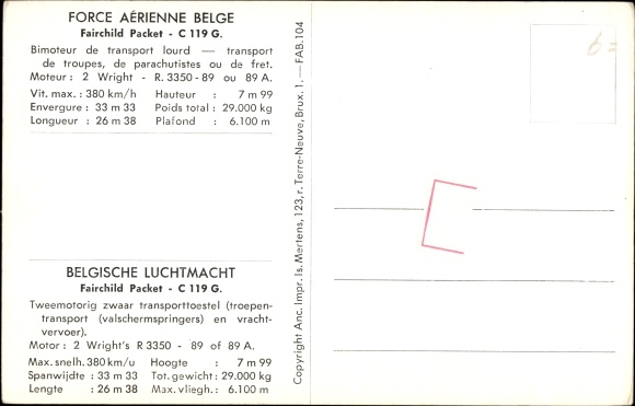 Postcard Belgian military aircraft, Force Aérienne Belge, Fairchild Packet, C 119 G