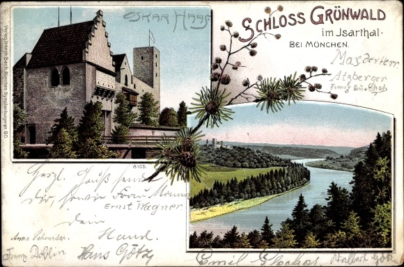 Chromo-Litho Grünwald in the Munich Upper Bavaria district, Grünwald Castle, Isar Valley