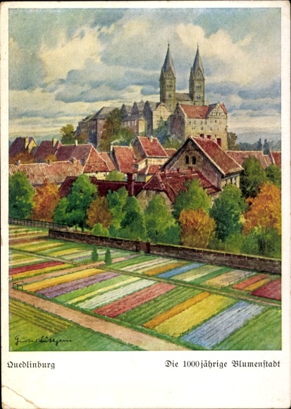 Ansichtkaart Quedlinburg in het Harzgebergte, 1000 jaar oude bloemenstad, kleurrijke aquarellen, schilderachtig landschap