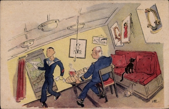Postcard Waiter brings a menu to a guest in a ship's cabin, Black Cat
