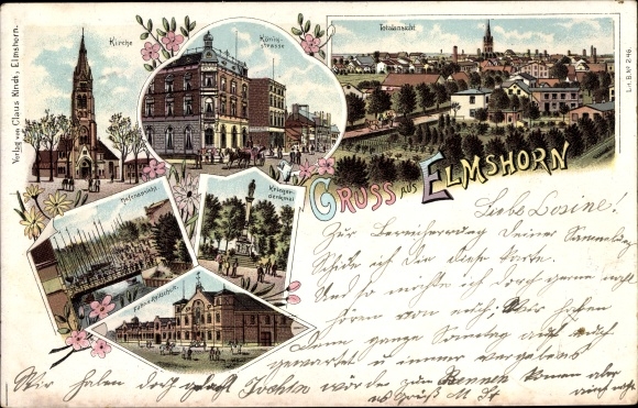 Litho Elmshorn in Schleswig Holstein, Königstraße, Totalansicht, Hafen, Kriegerdenkmal
