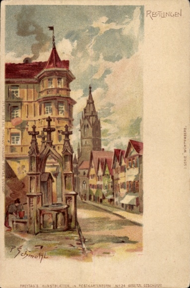Ak Reutlingen in Württemberg, Stadtansicht, Brunnen, Gebäude, Kirchturm, historische Architektur