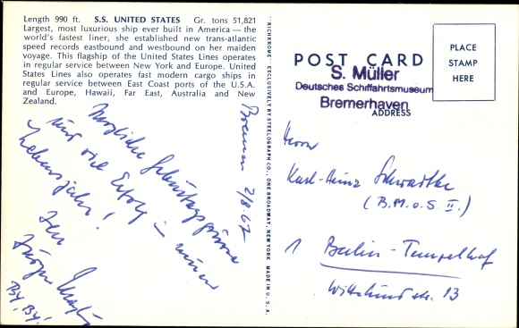 Postcard passenger steamer SS United States, United States Lines, USL
