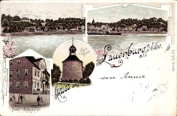 Chromo-Litho Lauenburg in Schleswig Holstein, Hotel Ratskeller, Amtsturm, river section
