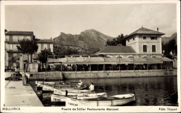 Ak Puerto Soller Mallorca Balearische Inseln, Puerto de Sóller, Restaurant Marysol, Boote im Wass