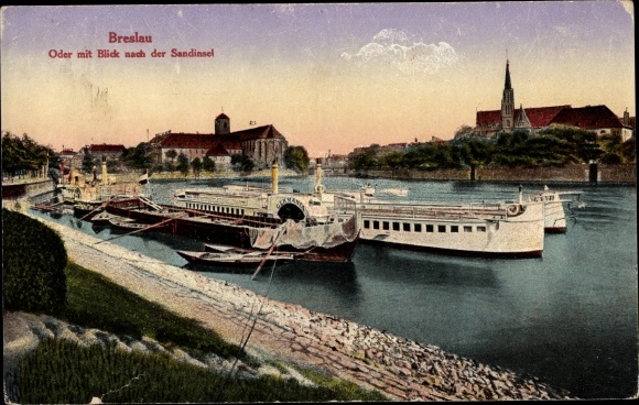 KP Wrocław Breslau Schlesien, parowiec na Odrze, piaszczysta wyspa