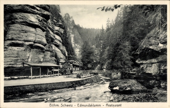 Ak Hřensko Herrnskretschen Elbe Regio Ústí nad Labem, Edmundsklamm, Restaurant