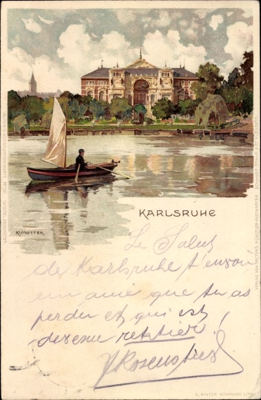Artist Chromo-Litho Mutter, K., Karlsruhe in Baden-Württemberg, park, rowing boat