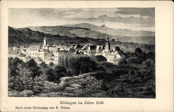 PC Büdingen in Hesse, city view of Büdingen 1840, drawing by P. Weber