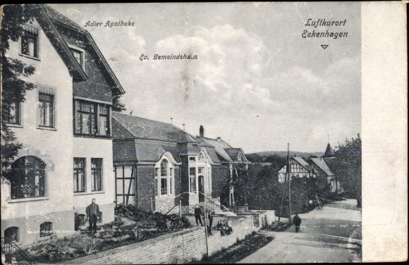 Postcard Eckenhagen in the Oberbergischer Kreis, Adler Pharmacy, Ev. Community Center