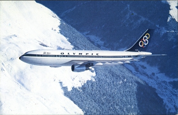 Postcard Greek passenger plane, Airbus A300, Olympic Airways