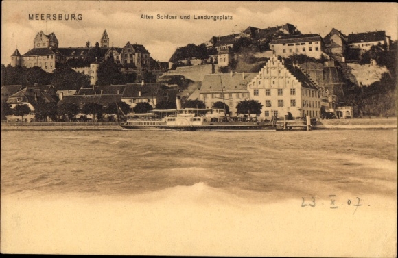 Ak Meersburg am Bodensee,  Altes Schloss, Landungsplatz, Boot auf dem Wasser