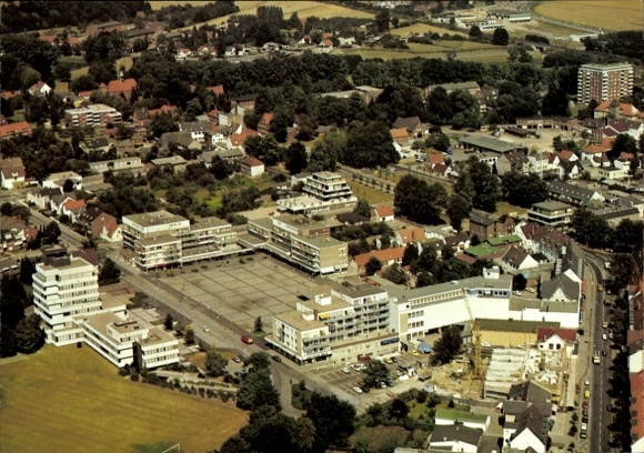 Postcard Ahrensburg in Holstein, aerial photograph, residential buildings, shops, parking spaces, rural surroundings