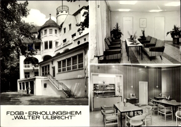 Ak Ostseebad Koserow auf Usedom, FDGB-Erholungsheim Walter Ulbricht, Außenansicht, Empfangshal...