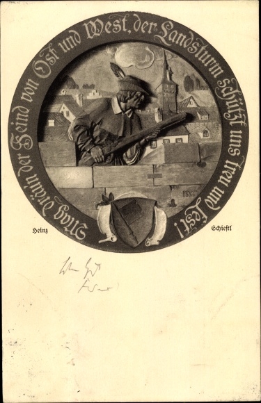 Postcard plastic by Heinz Schiestl, brother of Matthäus, man with gun, Landsturm