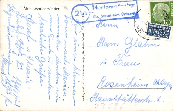 Ak Landpoststempel 21a Marienmünster üb. Steinheim (Westf.)