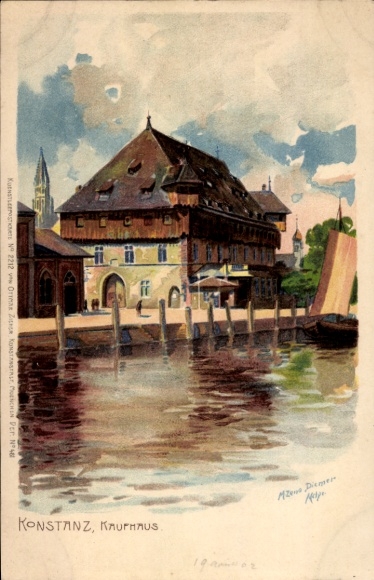 Kunstenaar litho Diemer, Zeno, Konstanz Bodenmeer, zicht op het warenhuis