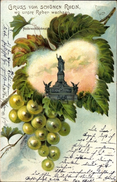 Weinblatt Litho Rüdesheim am Rhein in Hessen, Ansicht vom Niederwalddenkmal