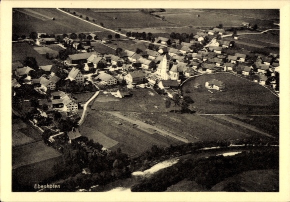 Postcard Ebenhofen Biessenhofen in Ostallgäu, aerial view of church, village areas, nature