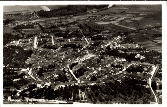 Postcard Philippsburg in Baden, aerial view of agricultural land, houses, streets
