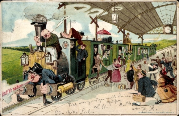 Chromo-Litho congratulations Pentecost, railway, train station, steam locomotive