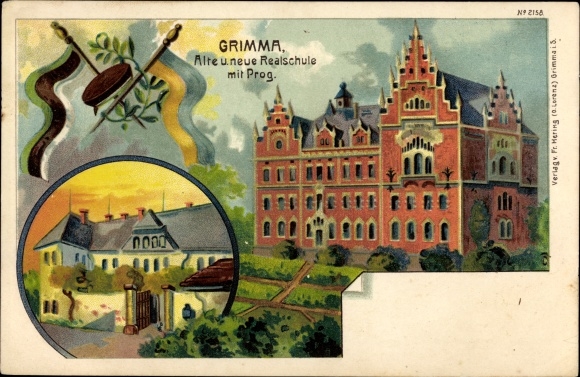 Chromo-Litho Grimma in Saxony, old and new secondary school with prog., no. 2158