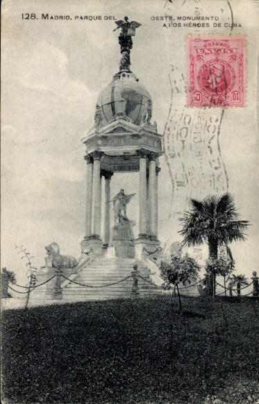 Ak Madrid Spanien, Monument, Statue, Löwe, Palmen, Poststempel, Madrid