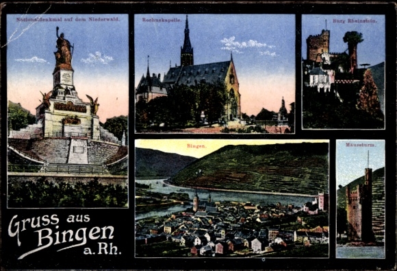 Postcard Bingen am Rhein, National Monument, Rochus Chapel, Rheinstein Castle, view of Bingen