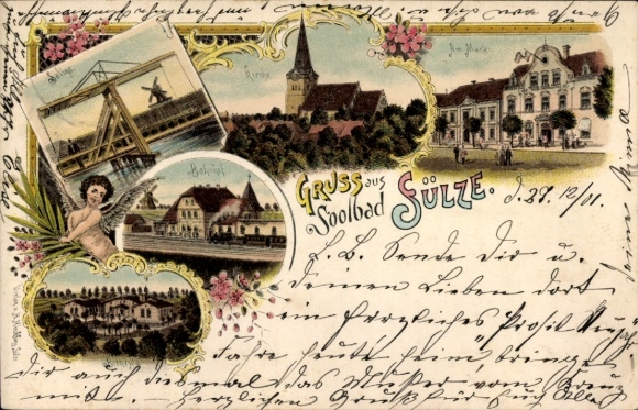 Chromo-Litho Bad Sülze in Mecklenburg, church, market, train station, track side