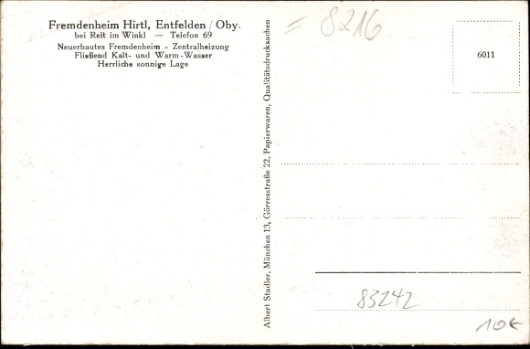 Postcard Reit im Winkl in the Traunstein district, Hirtl guesthouse, town with the Wild and Tame Emperors