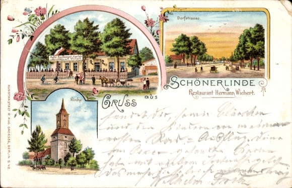 Chromo-Litho Schönerlinde Wandlitz in der Mark, Restaurant Hermann Wichert, Dorfstraße, Church