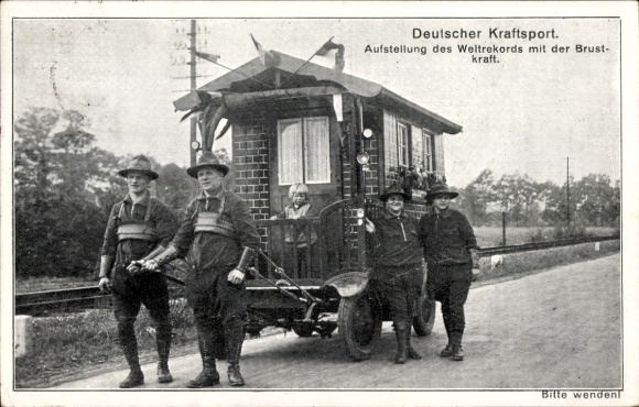 Postcard Rhenish strength athletes with house on wheels, travelers, Wichterich family from Cologne