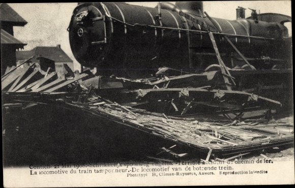 Postcard Contich Kontich Flandern Antwerp, railway accident, accident de chemin de fer 1908, locomotive