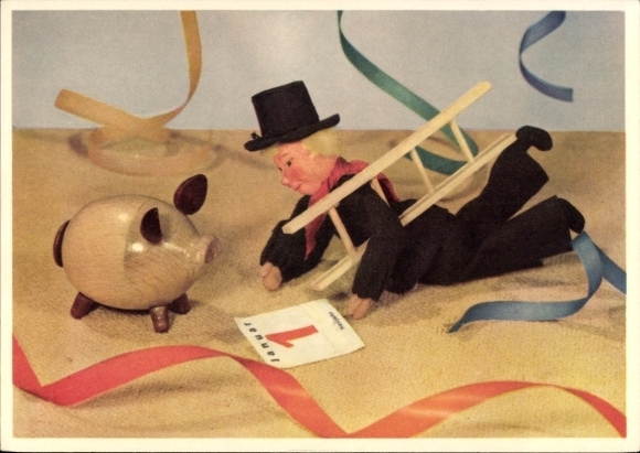 Postcard Happy New Year, Pig, Chimney Sweep