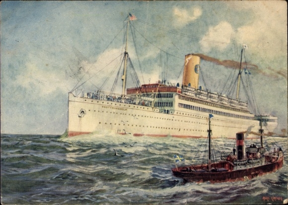 Kunstenaar ansichtkaart stoomboot TS Drottningholm, Swedish American Line, Svenska Amerika Linien SAL