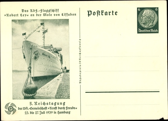 Postwaardekaart briefkaart KDF vlaggenschip Robert Ley, 5e KdF Reichstagung Hamburg 1939