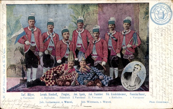Postcard Schäfflertanz, dancers, group picture