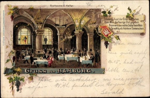 Ansichtkaart Hamburg Mitte Altstadt, Rathsweinkeller, binnenaanzicht, gedicht