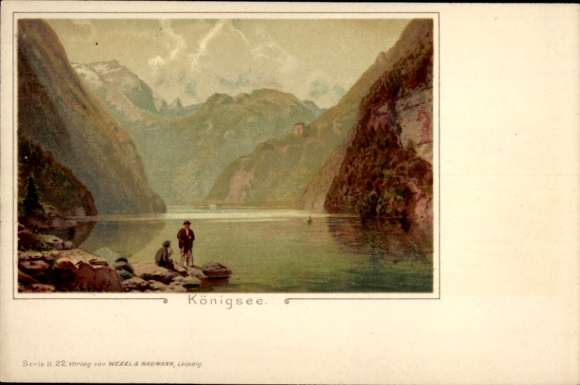 Artist Chromo-Litho Schönau am Königssee, shore area with Alps